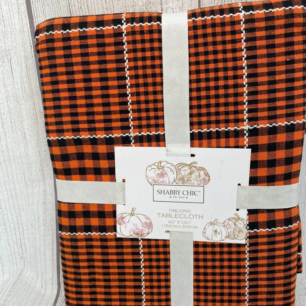 Shabby Chic Tablecloth 60x120 Orange Black Gingham Plaid Cotton Fall Halloween
